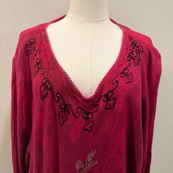 GreaterGood Scarlet Dragonfly Pink Megenta Tunic Top 4X Long Sleeve Embroidered - Picture 5 of 11